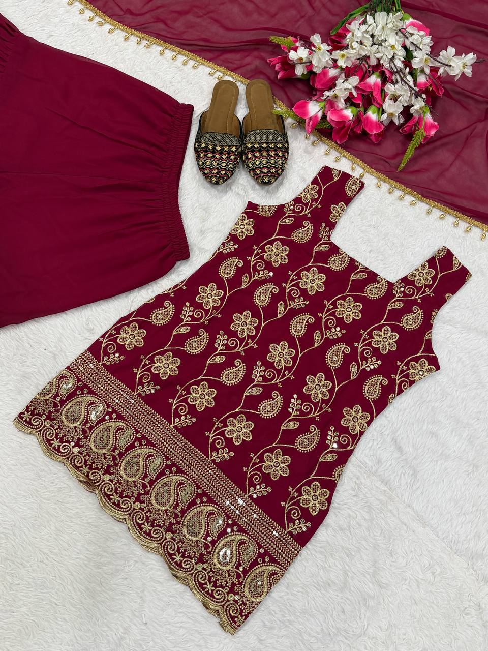 Deep Ruby Floral-Embroidered Silk Set